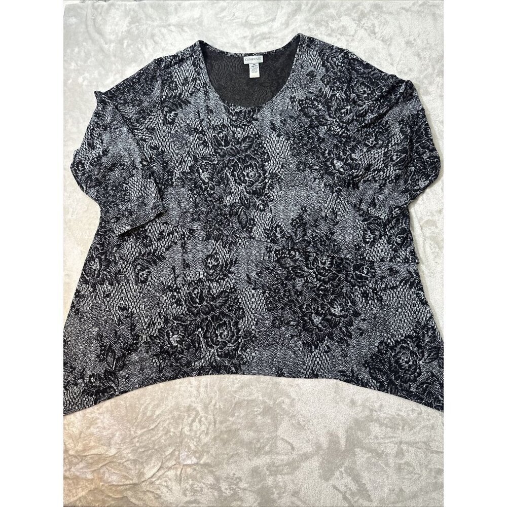 Women’s Catherines Blouse Floral Black Gray 3/4 Sleeve Plus Size 3X 26/28